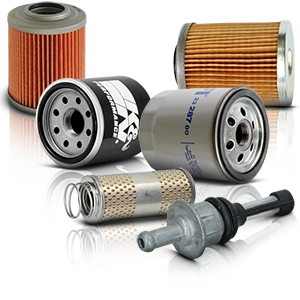 Various motorcycle filters, including oil filters, fuel filters, and inserts.